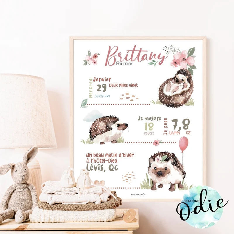 Affiche de naissance - Thème hérisson blush