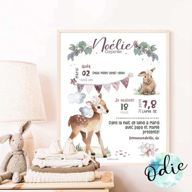 Affiche de naissance - Thème chevreuil & lapin