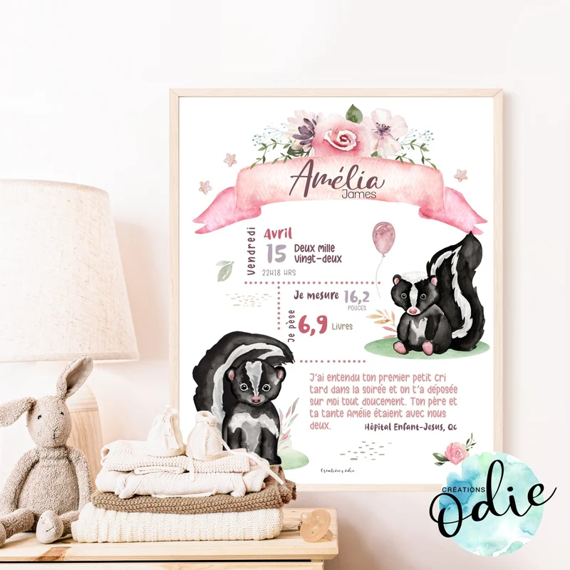 Affiche de naissance - Thème adorables mouffettes