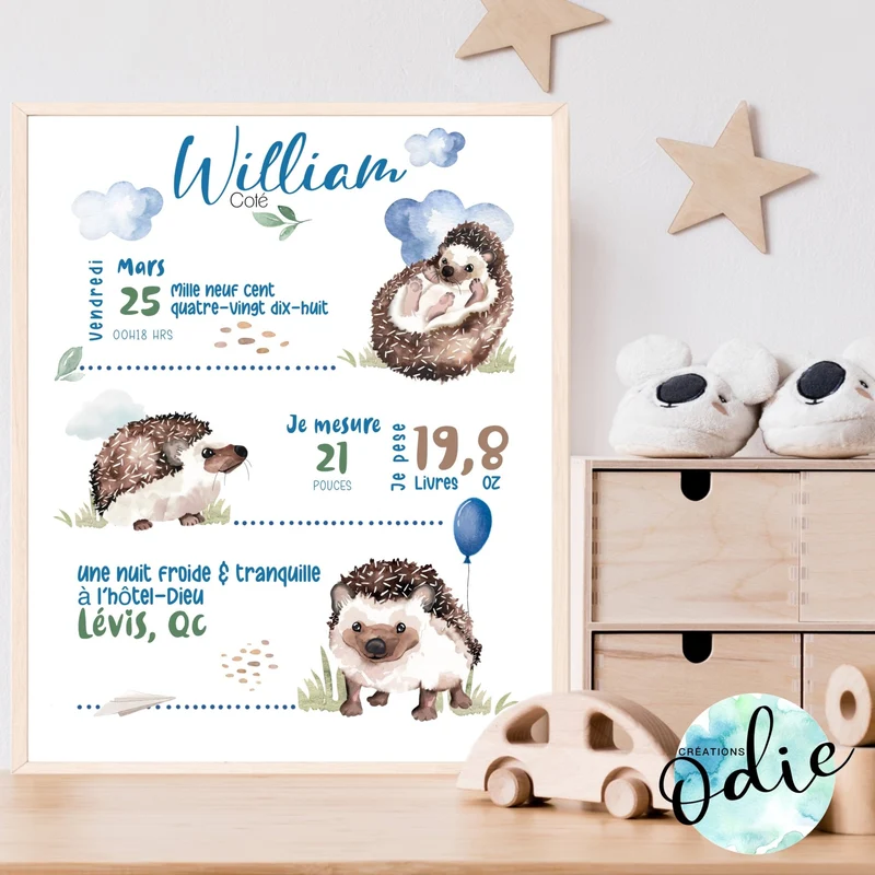 Affiche de naissance - Thème hérisson bleu