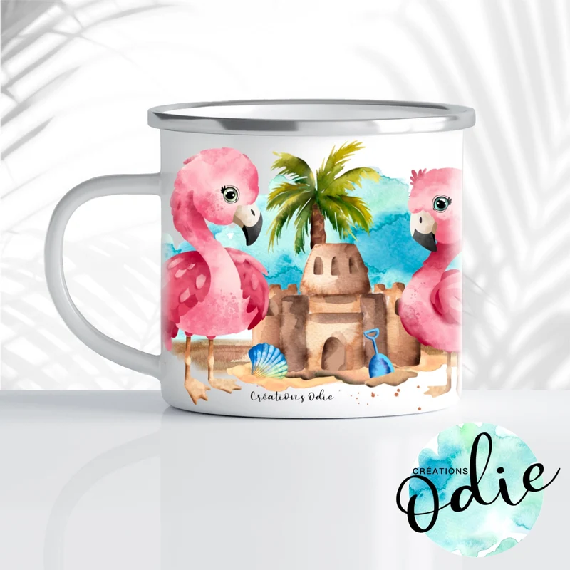 Tasse en acier émaillé - Petits flamants à la plage
