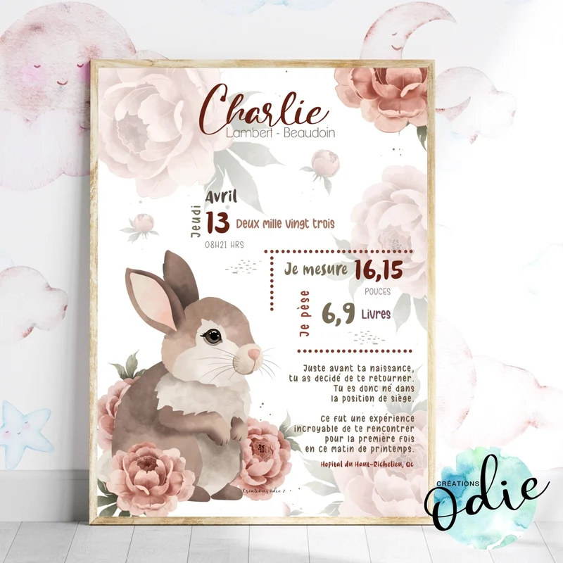 Affiche de naissance - Lapin et pivoines