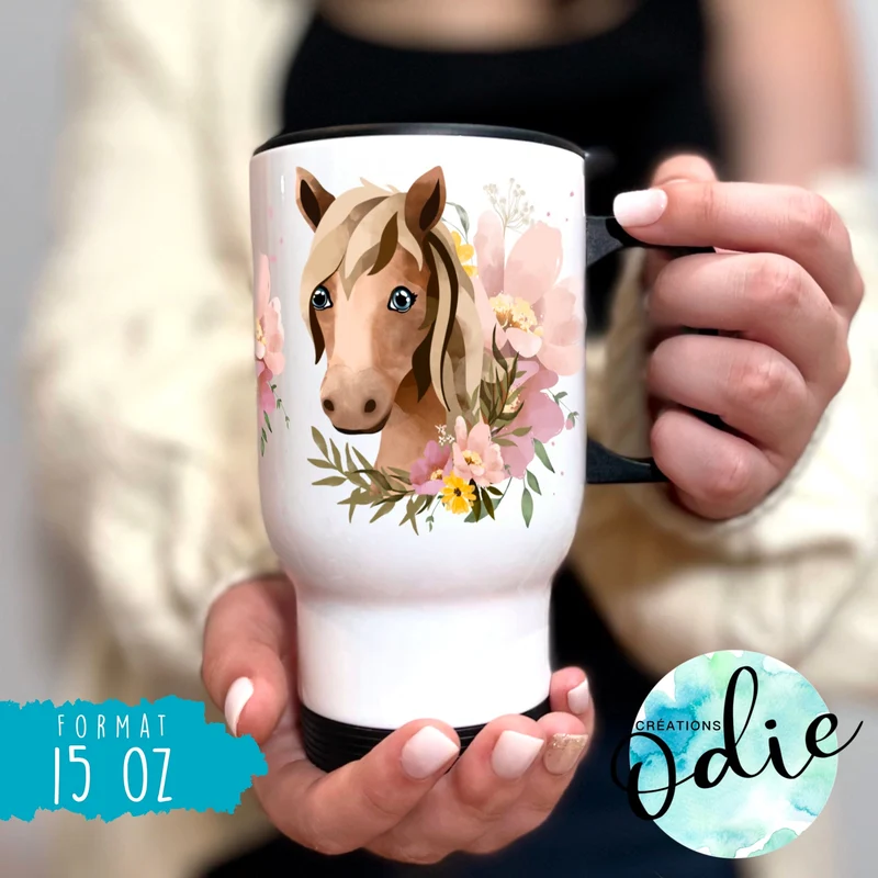 Tasse isotherme - Cheval et fleurs