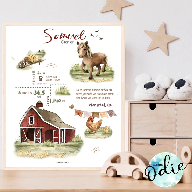 Affiche de naissance - Thème une ferme à la campagne