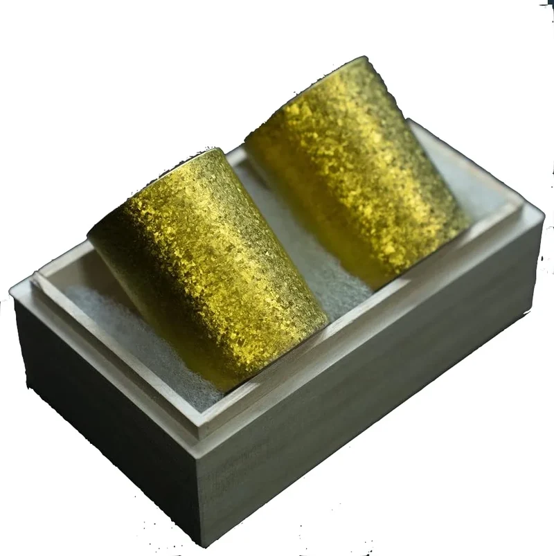 Laugh Wrinkles Guitan Titanium Sake Cup Pair Paulownia Box Wedding Gift Guinomi Gold Pair