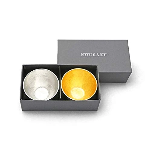 Teshigoto Club Set Of 2 Sake Cups Tin & Gold - Japanese Paper Wrapping -