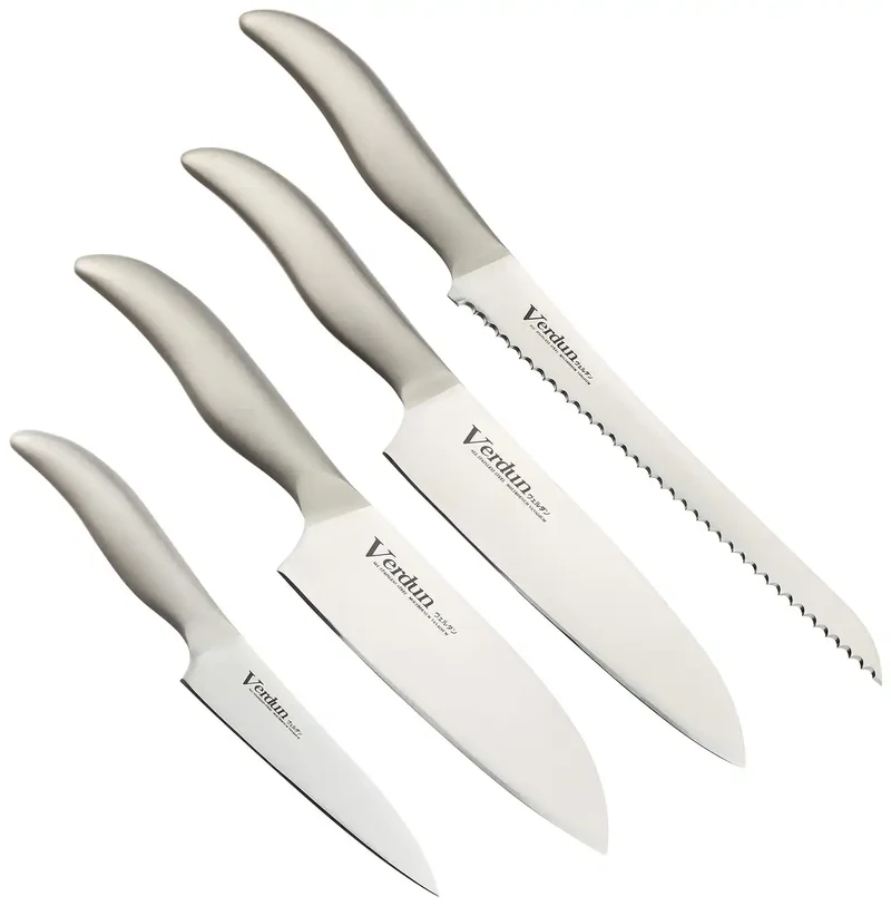 Shimomura Kougyou Knife Set Of 4 - Santoku 165Mm Gyuto 180Mm Petty 125Mm Bread Slicer 225Mm - Molybdenum Vanadium Steel Dishwasher Compatible Ovd-100 Niigata Tsubamesanjo