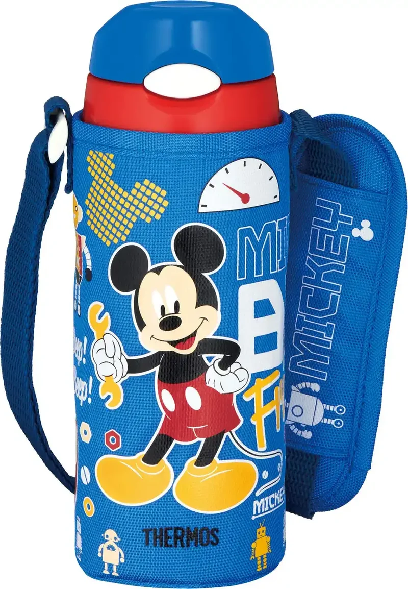 Thermos 400ml Mickey Blue Red Straw Bottle - Vacuum Insulated for Cold Storage