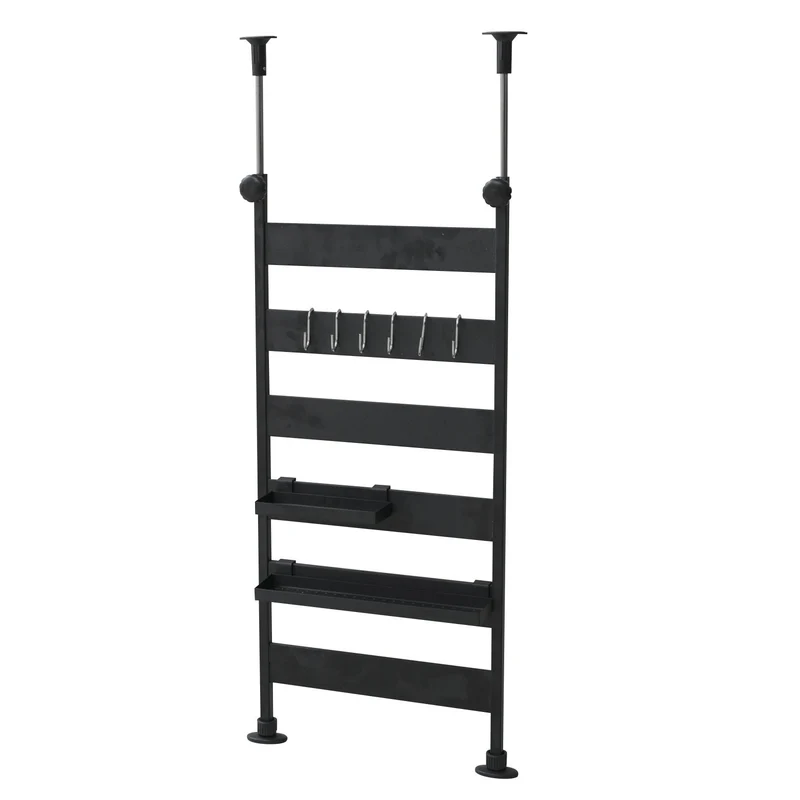 Yamazen Tension Kitchen Rack 31.5X6.5X71-115Cm 6 Hooks 2 Trays Heat Resistant Assembly Black Rtk-30(Bk)